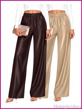 2 Pack Women's Satin Wide Leg Pants High Waist Elastic Flowy Silky Trousers